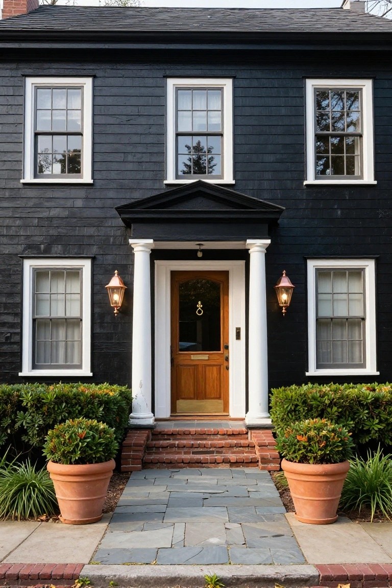 A two-story black clapboard colonial house with white window frames and trim, a pedimented portico supported by white columns, copper lanterns flanking a wooden front door with brass knocker, brick steps leading to a slate walkway, terracotta pots with plants, and boxwood shrubs.