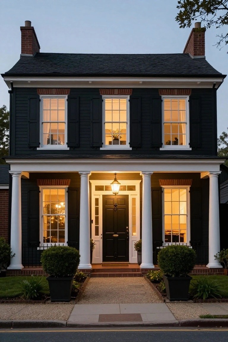 A two-story black colonial house exterior at dusk with white trim, fluted columns supporting the front porch, a black door with lantern light, lit windows, brick chimney, and potted boxwood shrubs on either side of the entry path.