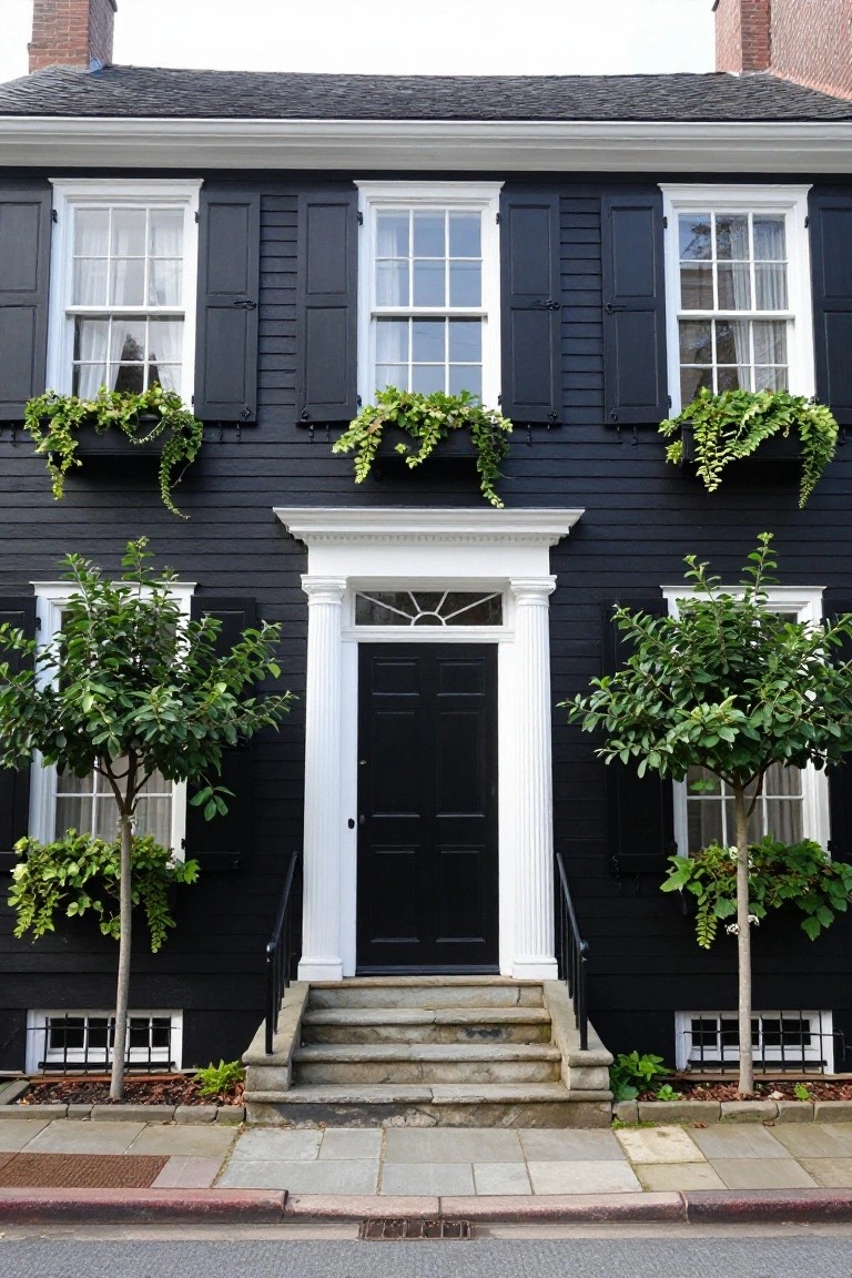 A two-story black clapboard colonial house with white window frames, black shutters, green plants in window boxes, small trees flanking the sides, white columns around a black front door, and stone steps leading to a brick-paved sidewalk.