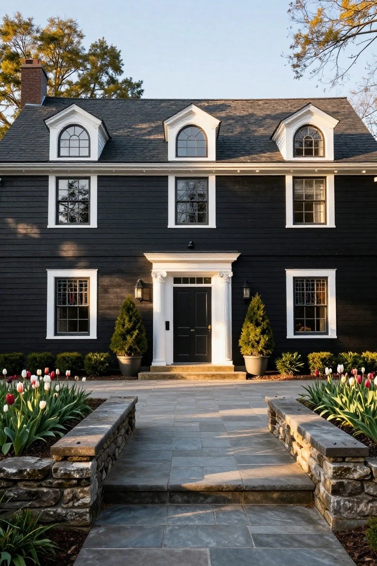 A two-story black clapboard colonial house with white trim around multipane windows, paired dormers, brick chimney, columned front entry with black door and lanterns, flanked by potted evergreens and tulip flower beds along a stone walkway and steps.