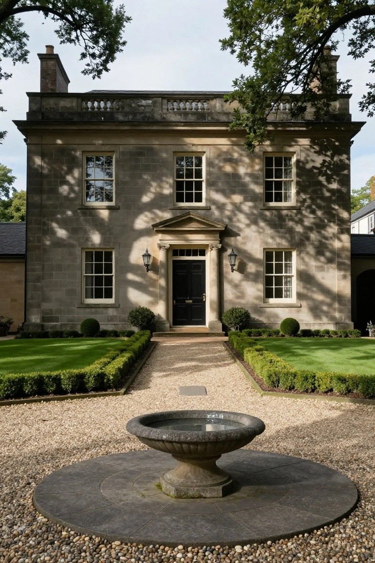 Pale stone two-story house with symmetrical sash windows, black front door under a pedimented portico with lanterns, boxwood hedges lining a gravel path, and a circular stone fountain in the foreground.