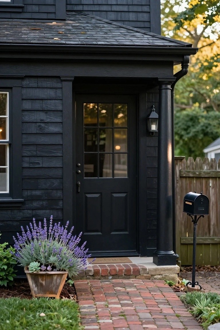 Black shingled colonial house exterior with a glass-paneled black front door on a small porch, flanked by a lantern light and potted lavender plants next to a brick pathway.