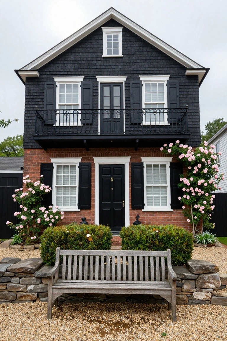 Two-story house with black shingle siding on upper level, white trim on windows and doors, brick base, black double front doors, pink climbing roses on one side, boxwood shrubs, stone statues, wooden bench, gravel path, and stone wall in front yard.
