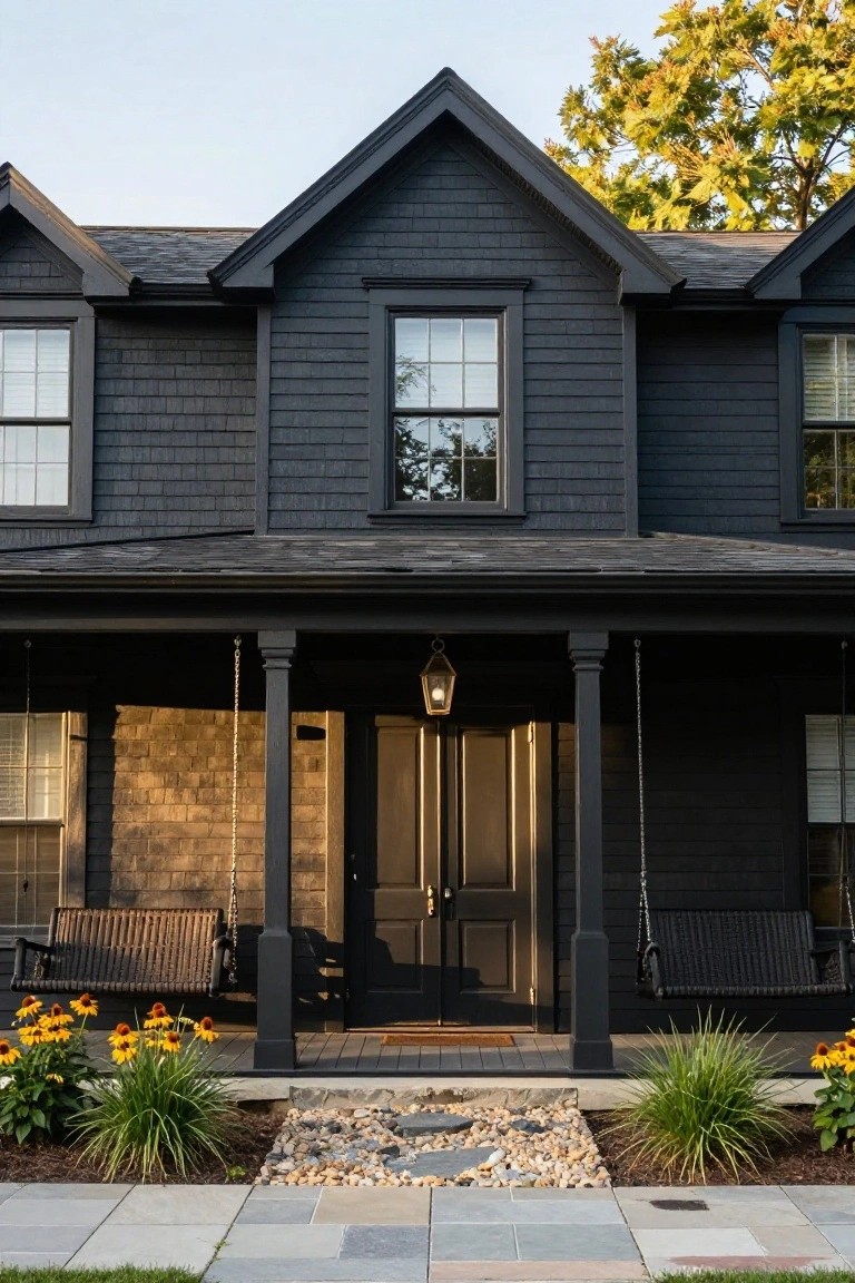 Front view of a two-story black shingled colonial house with gabled roof, covered porch supported by columns, hanging wicker swings, a front door with lantern, and simple landscaping including flowers and gravel.
