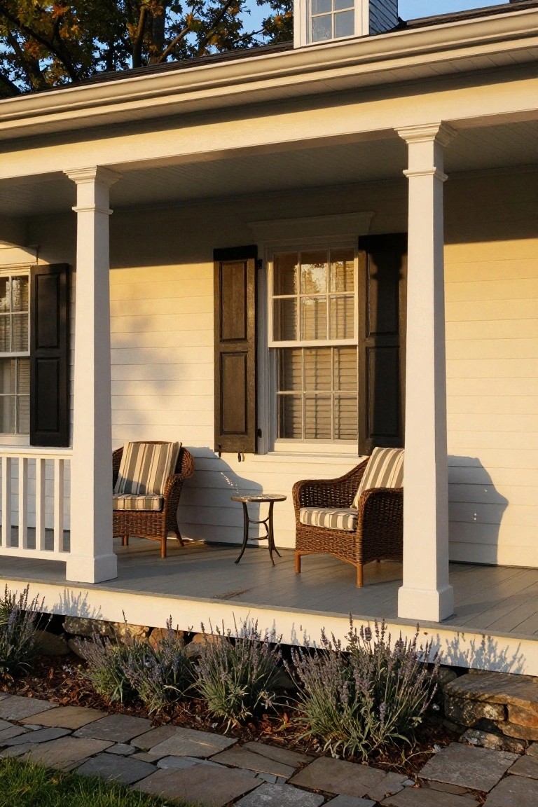 Beige colonial house exterior featuring a porch with white columns, black shutters framing multi-pane windows, two wicker chairs with striped cushions and a small round table between them, plus lavender plants and a stone path at the base.