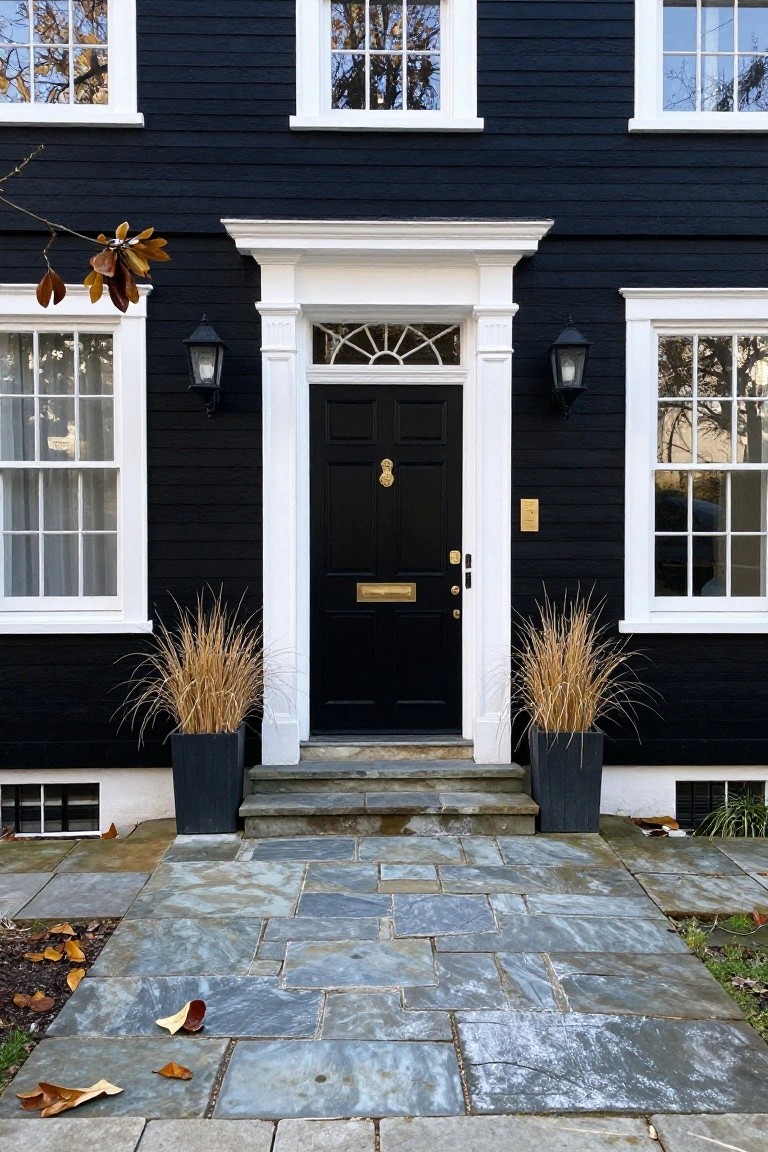 Front view of a black shingled colonial house with white trim on windows and a white-columned portico over a black entry door, black lanterns on sides, potted grasses in black containers, and a slate stone path and steps.
