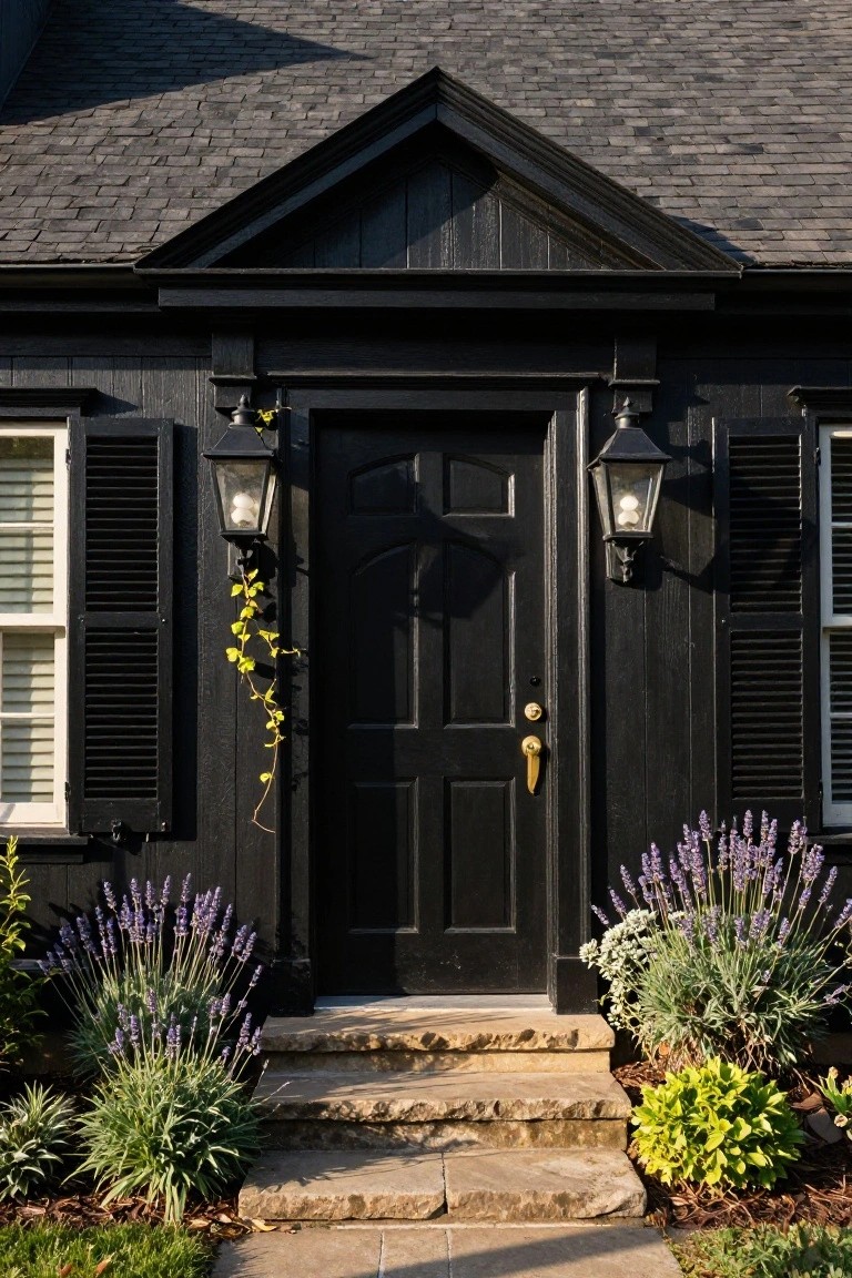 Black colonial house exterior with centered paneled black front door featuring brass knob and handle, flanked by black shutters, lanterns, and windows, yellow ivy vine, lavender plants, stone steps, and greenery at the base.