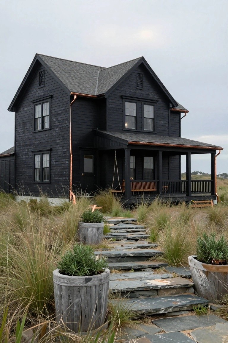 Black shingled two-story colonial house with copper downspouts and gutters, wraparound porch featuring a swing bench, stone steps ascending through tall grasses and large potted plants.