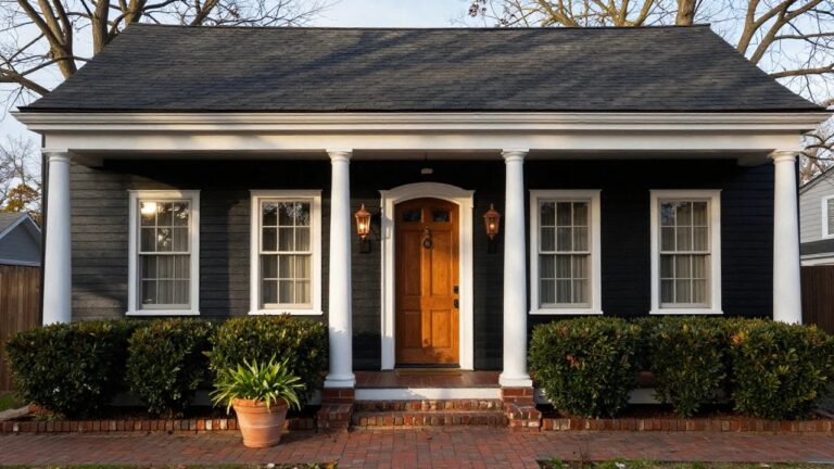 17 Black Colonial House Exteriors That Blend Tradition With Drama A two-story black clapboard colonial house with white window frames and trim, a pedimented portico supported by white columns, copper lanterns flanking a wooden front door with brass knocker, brick steps leading to a slate walkway, terracotta pots with plants, and boxwood shrubs.