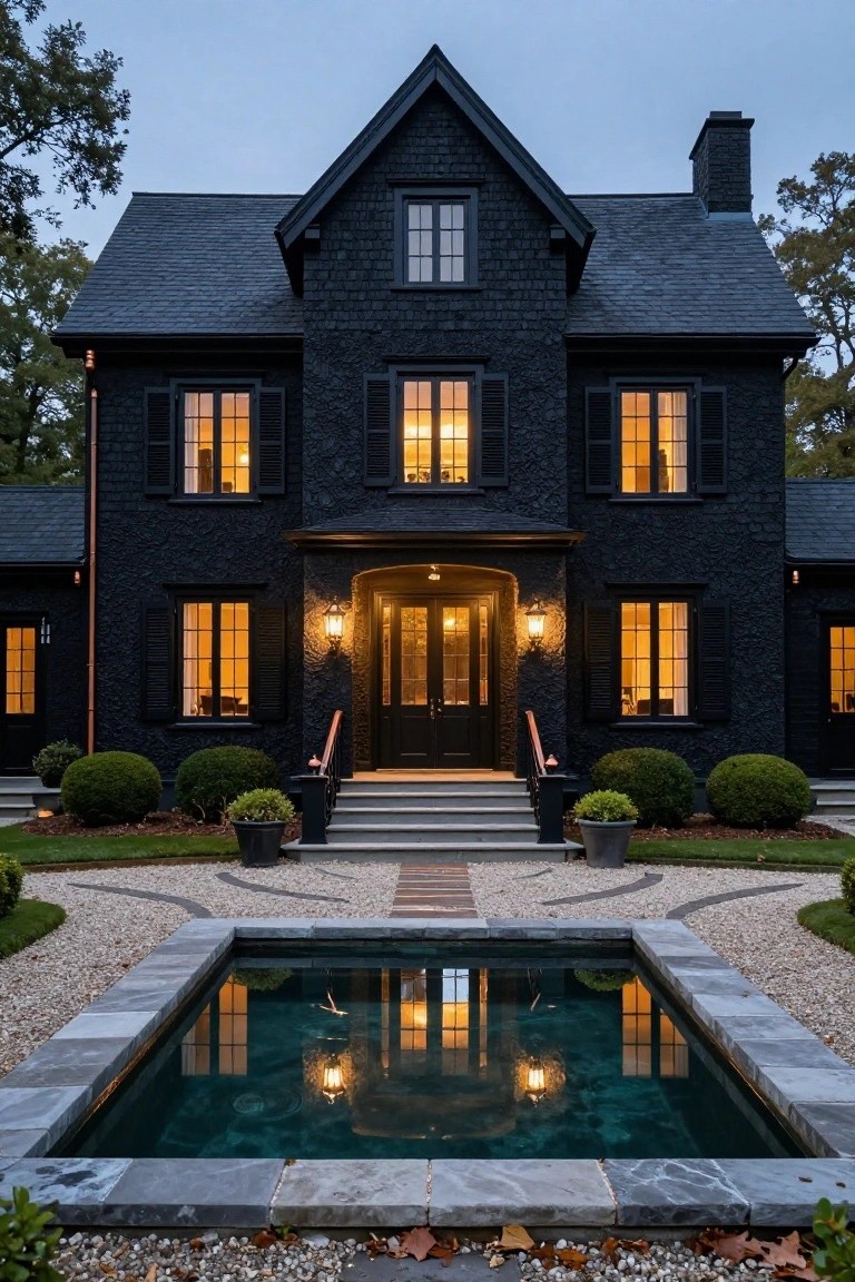 A two-story black shingle colonial house exterior at dusk with warm interior lights glowing through multipaned black-framed windows, flanked by boxwood shrubs, stone steps to a black door under lanterns, and a small rectangular reflecting pool in the foreground.