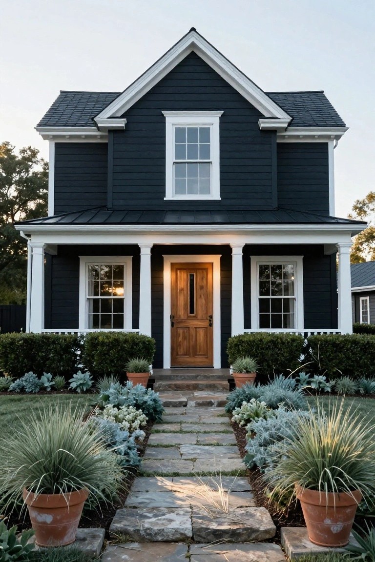 A two-story colonial house with dark navy clapboard siding, white trim, covered front porch with columns, wooden door, boxwood shrubs, stone pathway, and potted grasses in the yard.