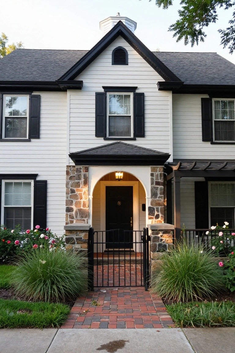 Front exterior of a two-story white house with black shutters, trim, roof edges, arched entry porch supported by stone pillars, black front door and iron gate, brick pathway, and landscaped borders with pink roses and ornamental grasses.
