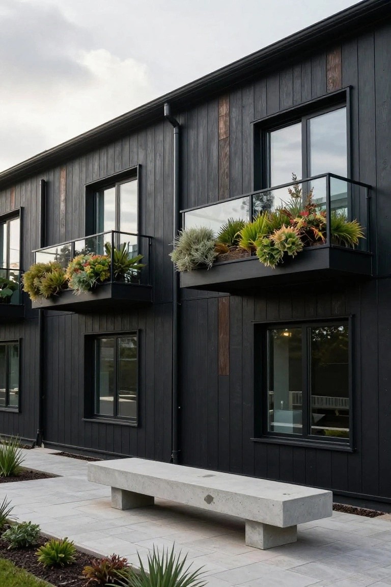 Side view of a two-story black timber-clad house with slim windows, glass balconies edged in black holding large rectangular planters overflowing with green grasses, succulents and plants, plus a concrete bench on light pavers at ground level with low plants nearby.