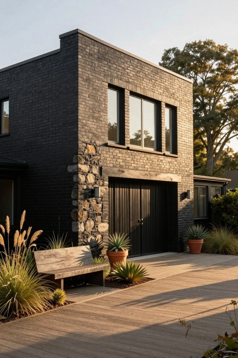 Black brick house exterior with a garage door framed by natural stone cladding, flanked by potted agaves and ornamental grasses on a wooden deck, under a golden sunset sky.