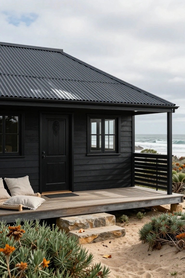 Black weatherboard beach house with dark corrugated metal roof, wooden front porch deck with cushions, stone steps to sand, coastal shrubs, and ocean waves visible behind.