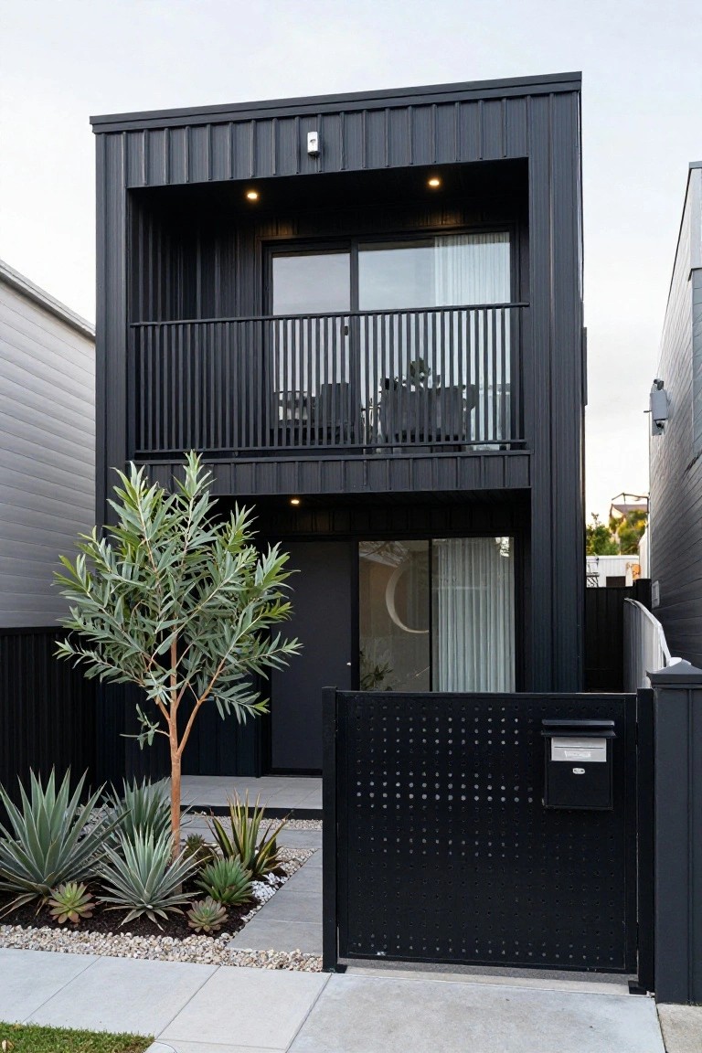 A two-story modern house with black corrugated metal cladding, a second-floor balcony with black railing, glass entry doors behind a perforated black gate, and front landscaping including agave plants, a young tree, and pebble mulch.
