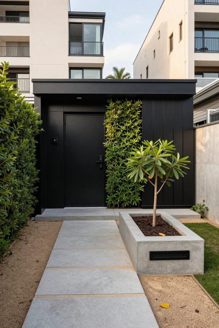 A modern black rectangular pod structure with vertical cladding and a slim black door, adjacent to a vertical green plant wall, flanked by hedges and a potted tree in a concrete planter, with a concrete pathway leading to the entrance amid light apartment buildings.