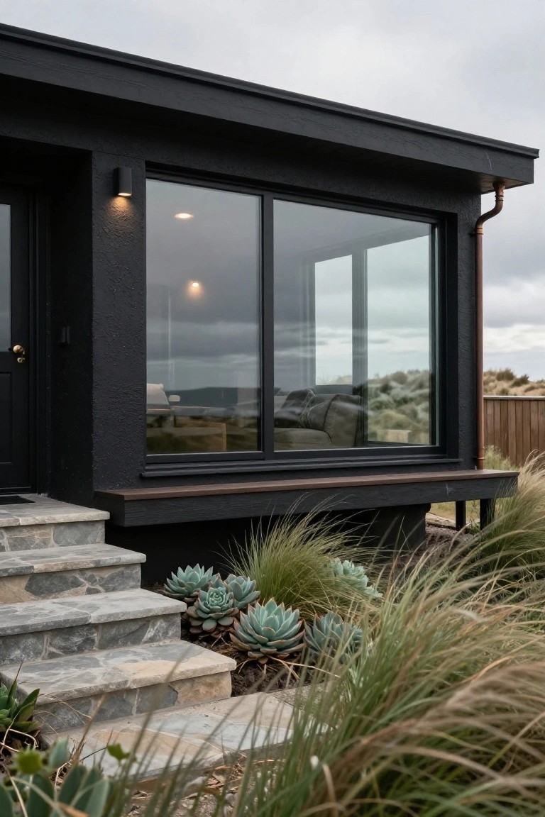 Black modern house exterior featuring textured black walls, large floor-to-ceiling windows, black front door, stone steps, and surrounding grasses with succulents near coastal dunes.