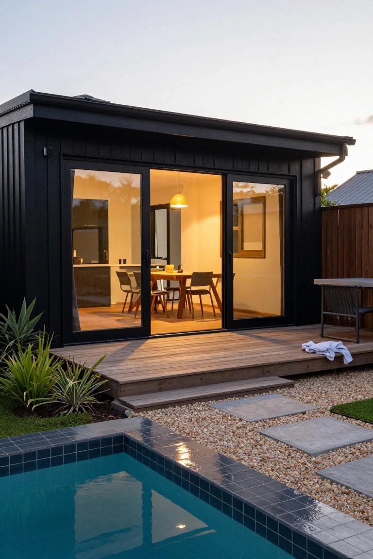 Black timber-clad cabin with large open black-framed sliding glass doors showing interior kitchen and dining area, wooden deck with outdoor chair and towel, steps, plants, pebble path, and corner of blue-tiled swimming pool.