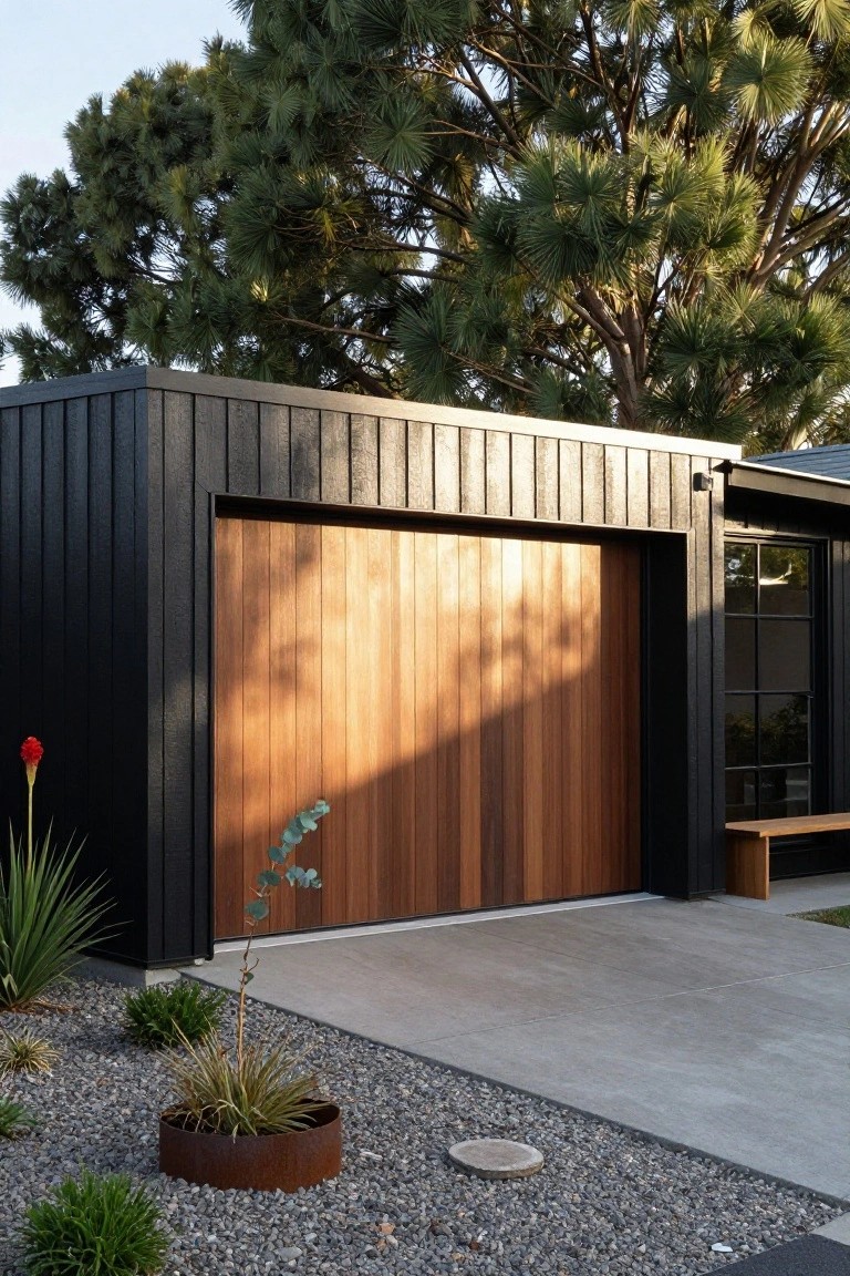 Black vertical wood-clad garage structure with large open light timber garage door, concrete driveway edged in gravel and native plants including agave and eucalyptus, bench seat nearby, pine trees overhead.