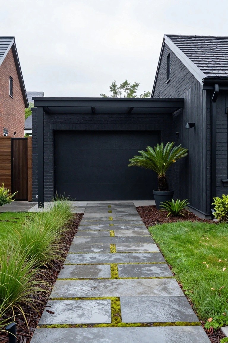 Black modern house exterior with dark timber cladding, brick elements, open carport, large black garage door, moss-covered concrete pathway, ornamental grasses, potted sago palm, and adjacent lawn in an Australian suburban setting.