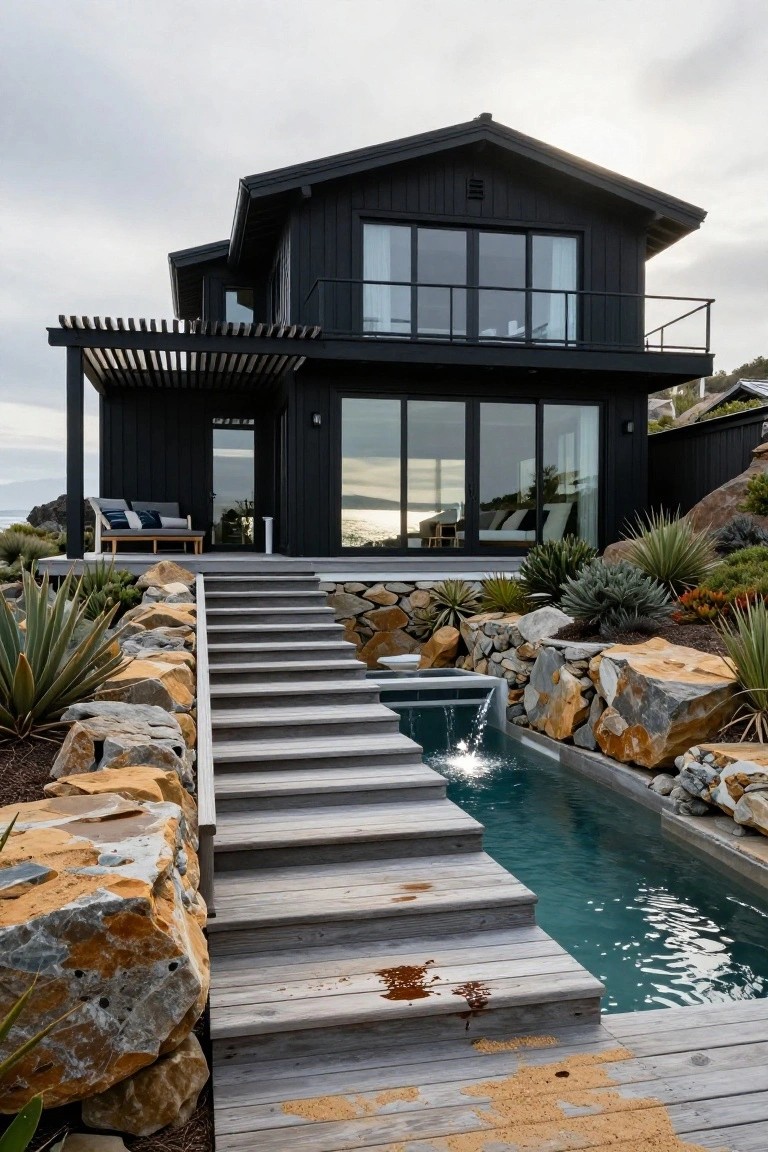Modern two-story black timber-clad house on a coastal rocky slope with a wooden staircase flanked by orange boulders and agave plants, a narrow reflecting pool, deck seating, and ocean view in the background.