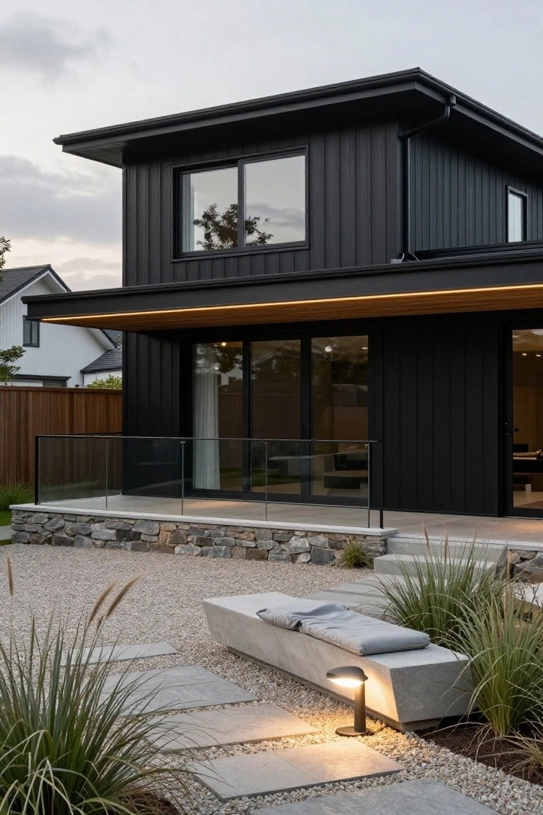 Side view of a modern two-story house with black vertical board cladding, overhanging timber soffit, large glass doors, glass balustrade deck, stone retaining wall, gravel yard with grasses, and a concrete bench seat.