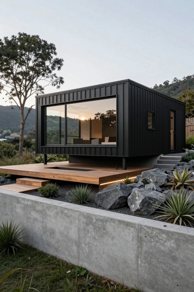 Black corrugated metal house elevated on steel legs on a grassy slope, with large floor-to-ceiling glass windows, wooden deck platform, concrete retaining wall, rocks, and agave plants surrounding it.