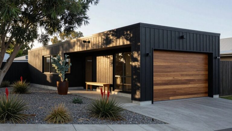 Black vertical wood-clad garage structure with large open light timber garage door, concrete driveway edged in gravel and native plants including agave and eucalyptus, bench seat nearby, pine trees overhead.
