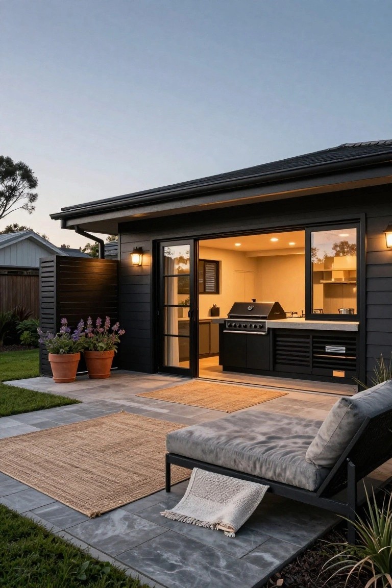 Modern outdoor space featuring a black kitchen, gray stone patio, and cozy seating.