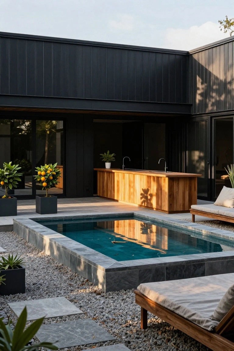 Black modern house exterior with wooden outdoor kitchen bar featuring double sinks, small rectangular turquoise pool, teak daybed lounger, potted orange trees and agave plants, gravel ground, and stone pavers in sunlight.
