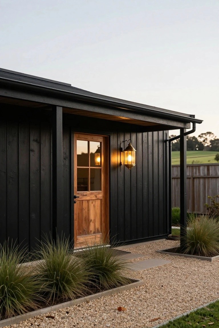 Black vertical board-and-batten clad house exterior with covered porch, glazed natural timber entry door, brass lantern light, gravel path edged by grass plantings, and rural paddock view in Australia.
