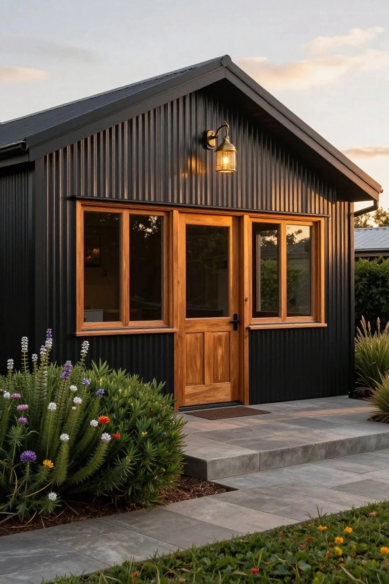 Small black corrugated metal shed house with wooden door, window frames, and lantern light beside entry steps, surrounded by low plants and path, viewed at sunset.