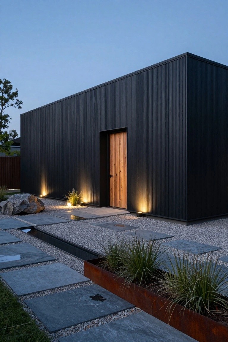 Rectangular modern house with black vertical board cladding, centered wooden front door, gravel path with stone slabs, grasses, rocks, and uplights at dusk.