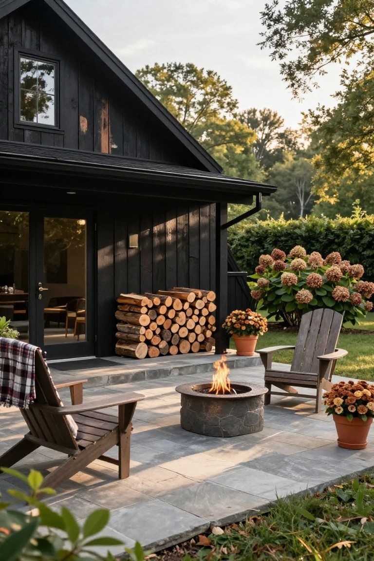 Black shingled house exterior with glass doors and wood stack on side, slate stone patio with central round stone fire pit burning, two wooden Adirondack chairs draped with plaid blanket, potted orange flowers, large hydrangea bush, and surrounding garden at dusk.