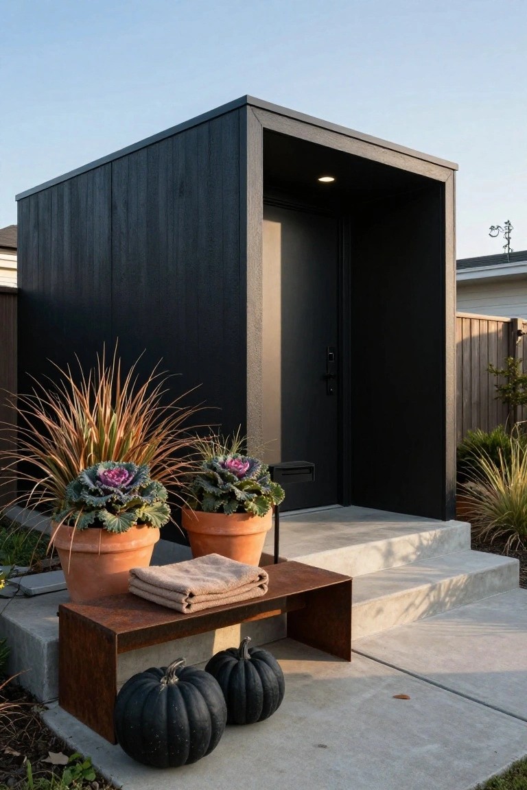 Small black wooden cube-shaped building with dark entry door under an overhang, concrete steps leading down to a corten steel bench holding folded beige towels and two black pumpkins, flanked by orange pots of purple kale and tall grasses.