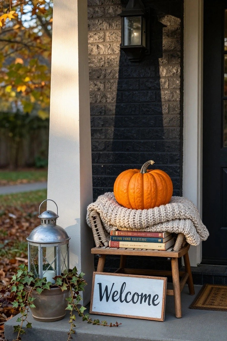 Front porch step of dark brick house with small wooden stool holding stacked books under beige knit blanket and orange pumpkin, flanked by metal lantern with ivy plant and white welcome sign on wood frame.