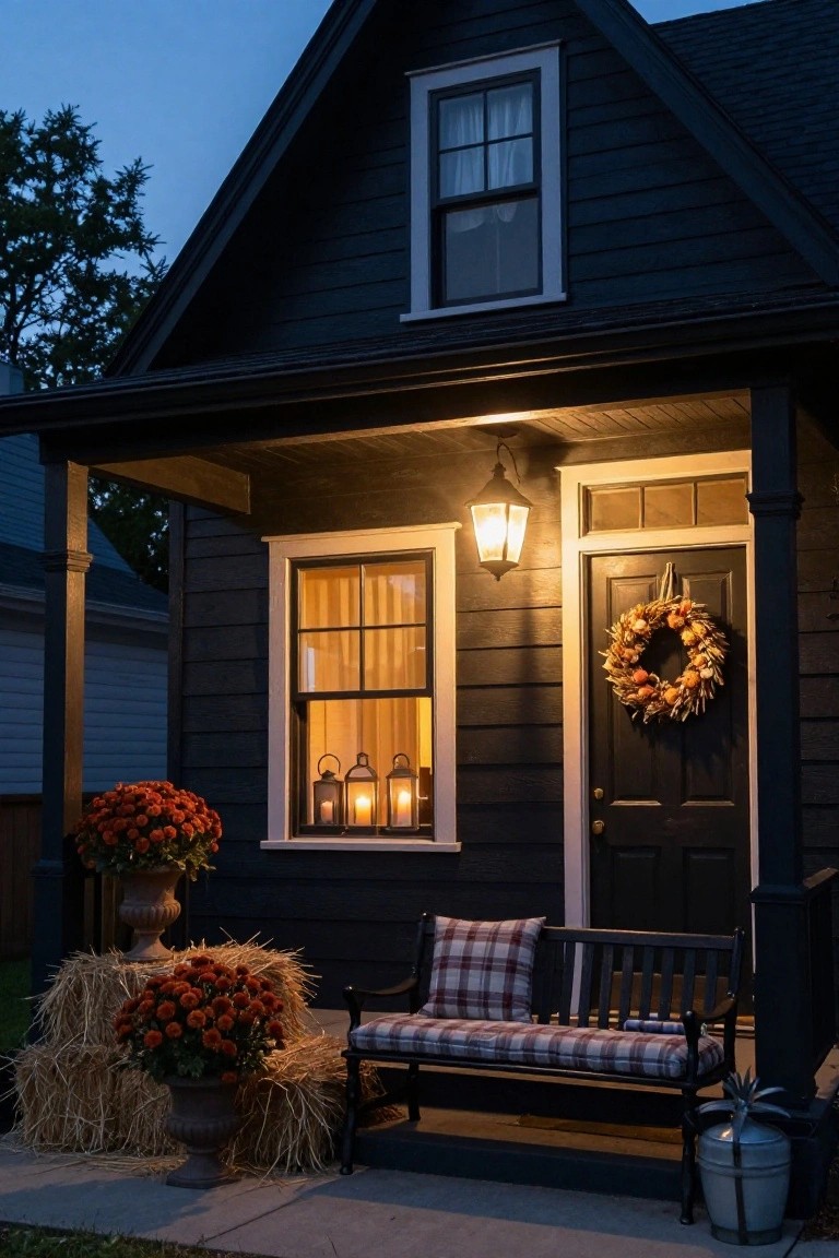 Black clapboard house exterior at dusk with a covered front porch featuring hay bales, potted mum flowers, lanterns in windows, a plaid-cushioned bench, fall wreath on the door, and lanterns.