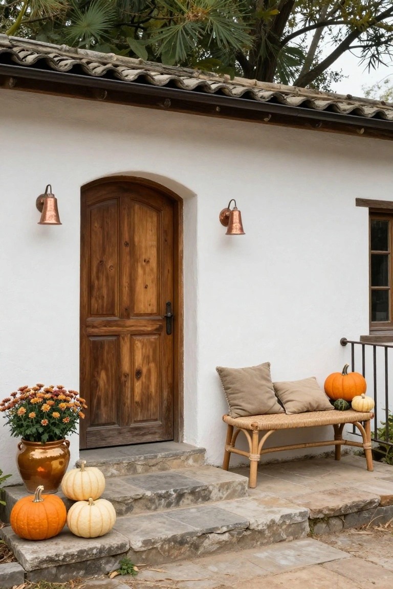 White stucco house facade with arched wooden door, copper wall lanterns, rattan bench with beige pillows and small pumpkins on the side, potted bronze chrysanthemums, and orange and white pumpkins clustered on stone entry steps beneath palm trees.