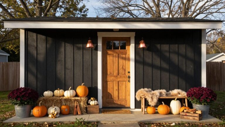Black gabled house exterior with porch, copper wall lanterns flanking wood door, hay bales stacked with orange and white pumpkins, mum plants in bucket and crate, sheepskin on rattan chair, fall branches on steps.