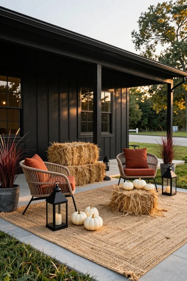 Black wood-sided house porch with orange rattan chairs, stacked hay bales topped with white pumpkins, black lanterns, potted red fountain grasses, and a beige jute rug on concrete.