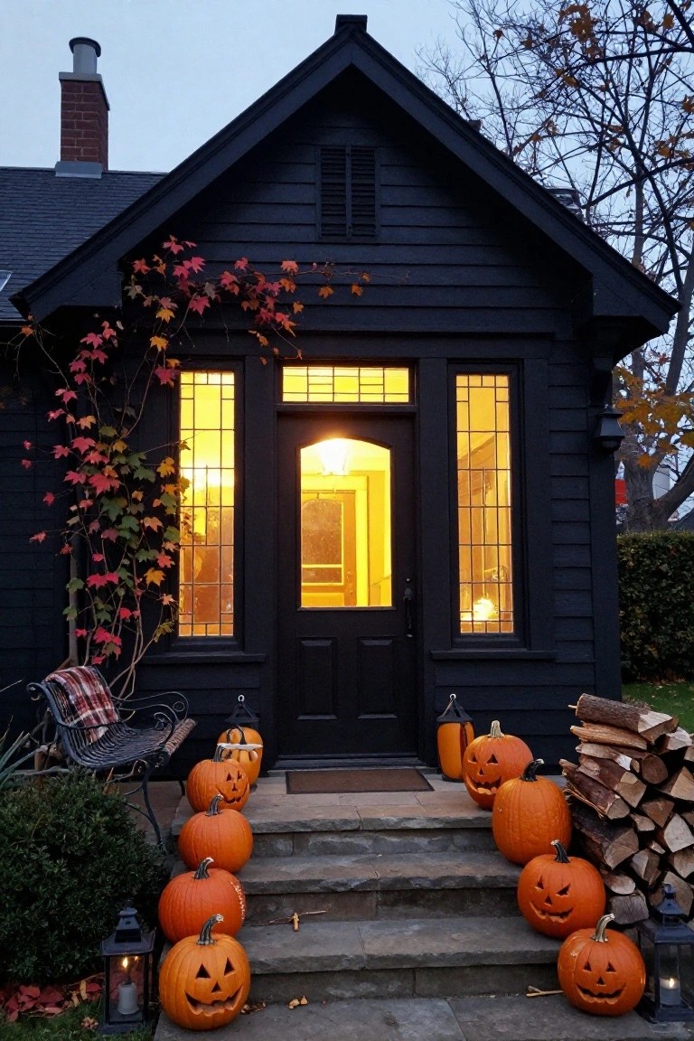 Black shingled house with leaded glass windows and door illuminated warmly, lined with carved orange pumpkins on stone entry steps, surrounded by fall ivy, lanterns, and firewood stack.