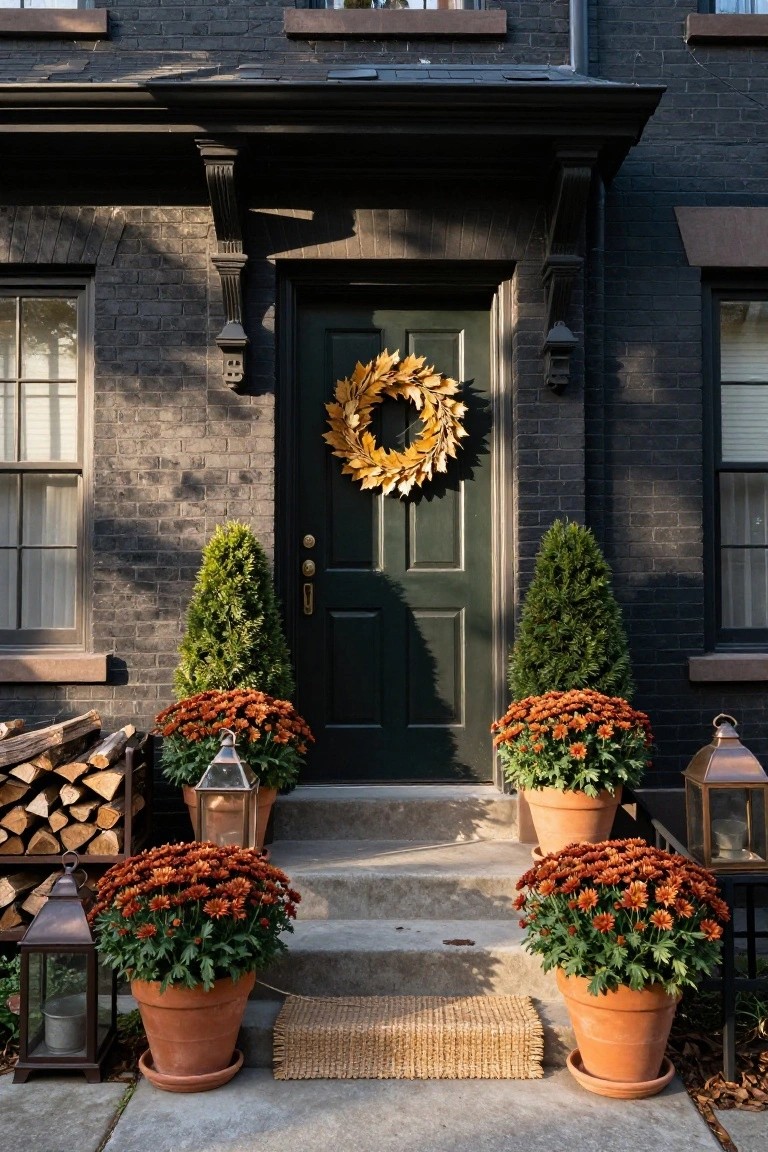Orange Mums Add Fall Warmth to Dark Exteriors