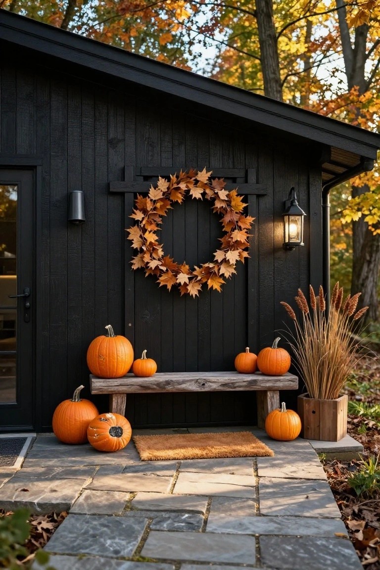 Black wooden shed with glass door, flanked by orange pumpkins on a rustic bench, a large maple leaf wreath on the wall, pampas grass in a pot, lanterns, and a brown doormat on a stone patio surrounded by fall foliage and trees.