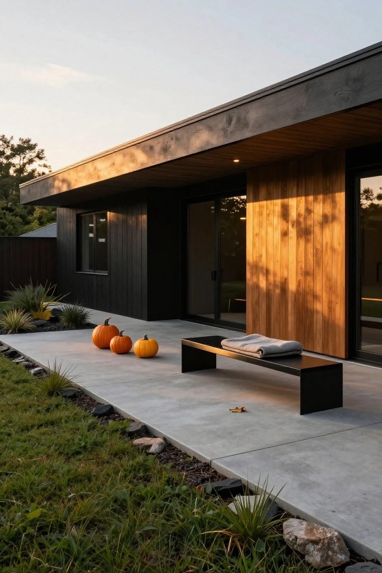 Modern black house exterior with cedar wood paneling and sliding glass doors next to a concrete patio holding three orange pumpkins of varying sizes, a black metal bench draped with a gray blanket, and edged landscaping with grasses and rocks.