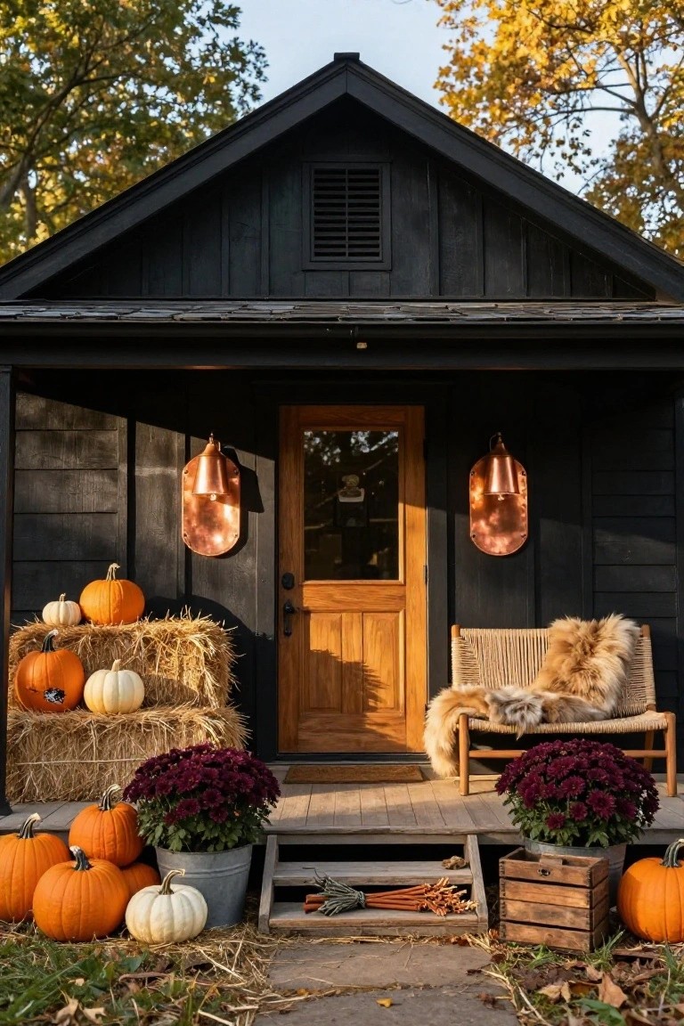 Black gabled house exterior with porch, copper wall lanterns flanking wood door, hay bales stacked with orange and white pumpkins, mum plants in bucket and crate, sheepskin on rattan chair, fall branches on steps.