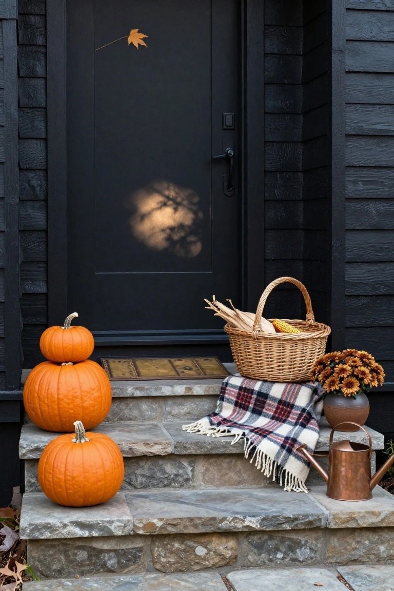 Black front door on a house with dark wood siding and stone steps, decorated with three stacked orange pumpkins, a wicker basket of corn and wheat, a plaid blanket, fall mums in a pot, and a copper watering can.