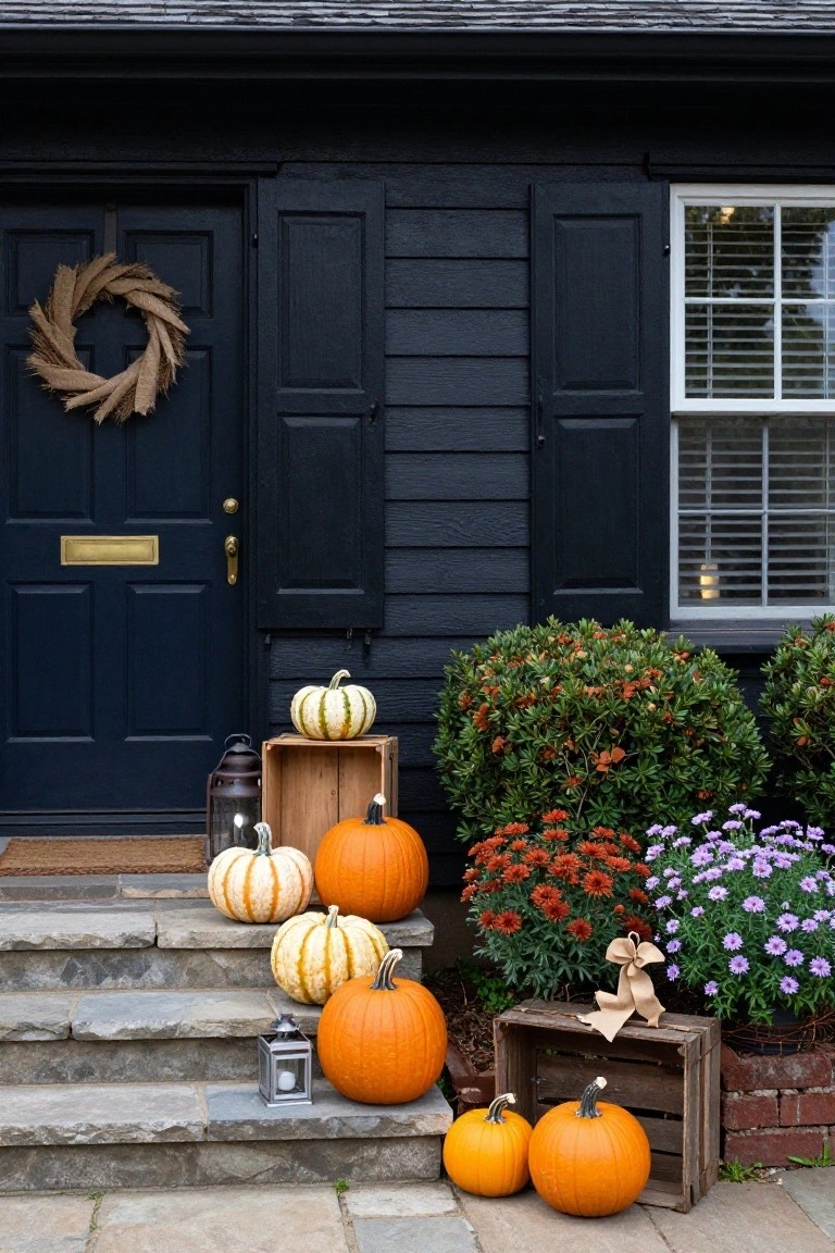 Black shingled house exterior with navy front door, wheat wreath, assorted pumpkins and lanterns on wooden crates atop slate steps, flanked by shrubs and potted flowers.