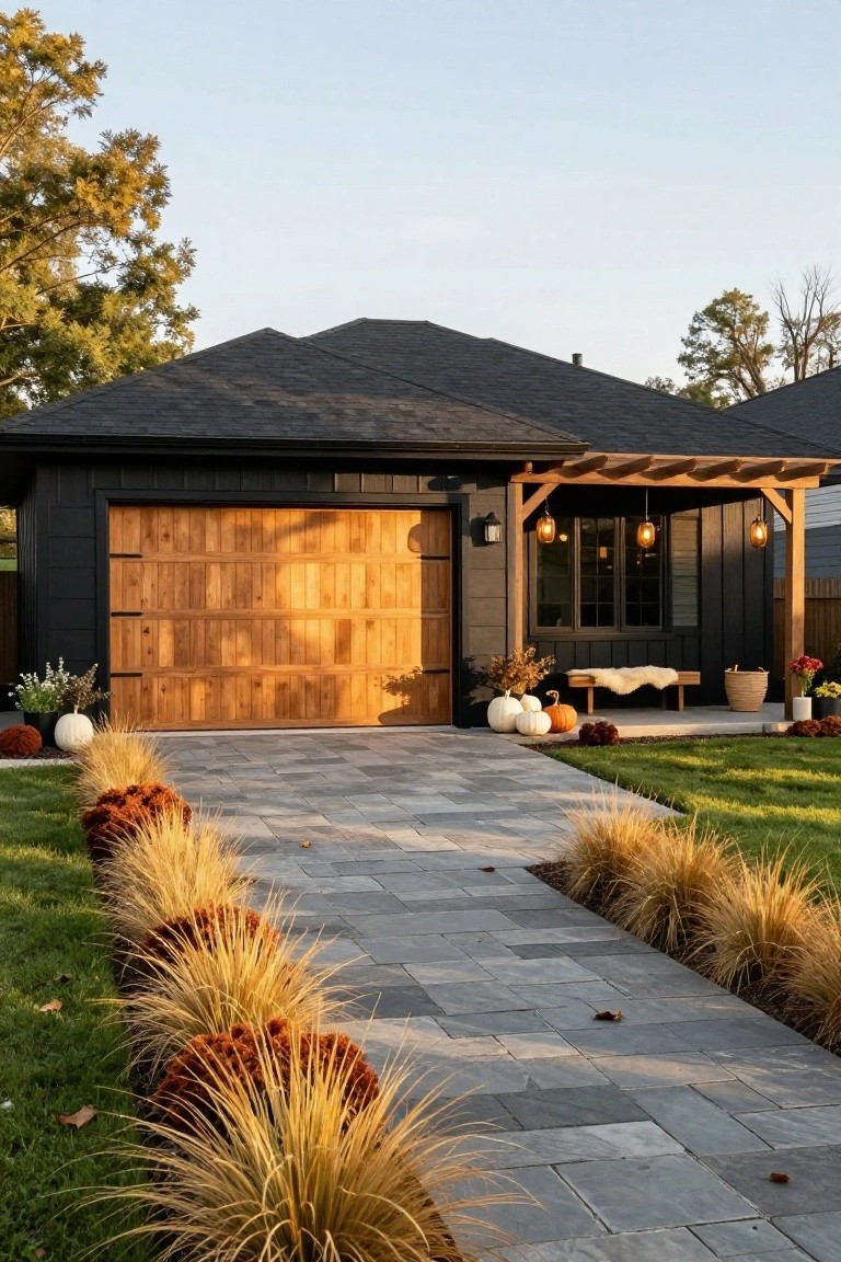 Black house exterior with large wooden garage door, covered porch featuring a bench and hanging lanterns, white and orange pumpkins on the driveway and porch, stone pathway edged with tall ornamental grasses, and green lawn.