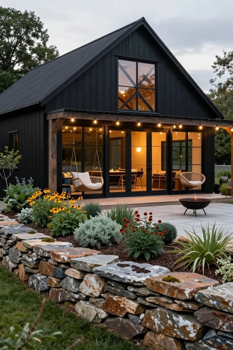 Black gabled house with vertical siding, large front windows, covered porch with string lights, fire pit, and stone wall garden beds surrounded by plants and grass.